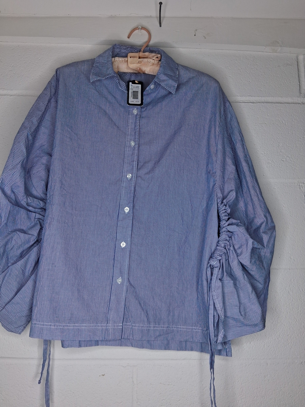 NWT Blue and White Pinstripe Button-Up Shirt with Ruched Sleeves